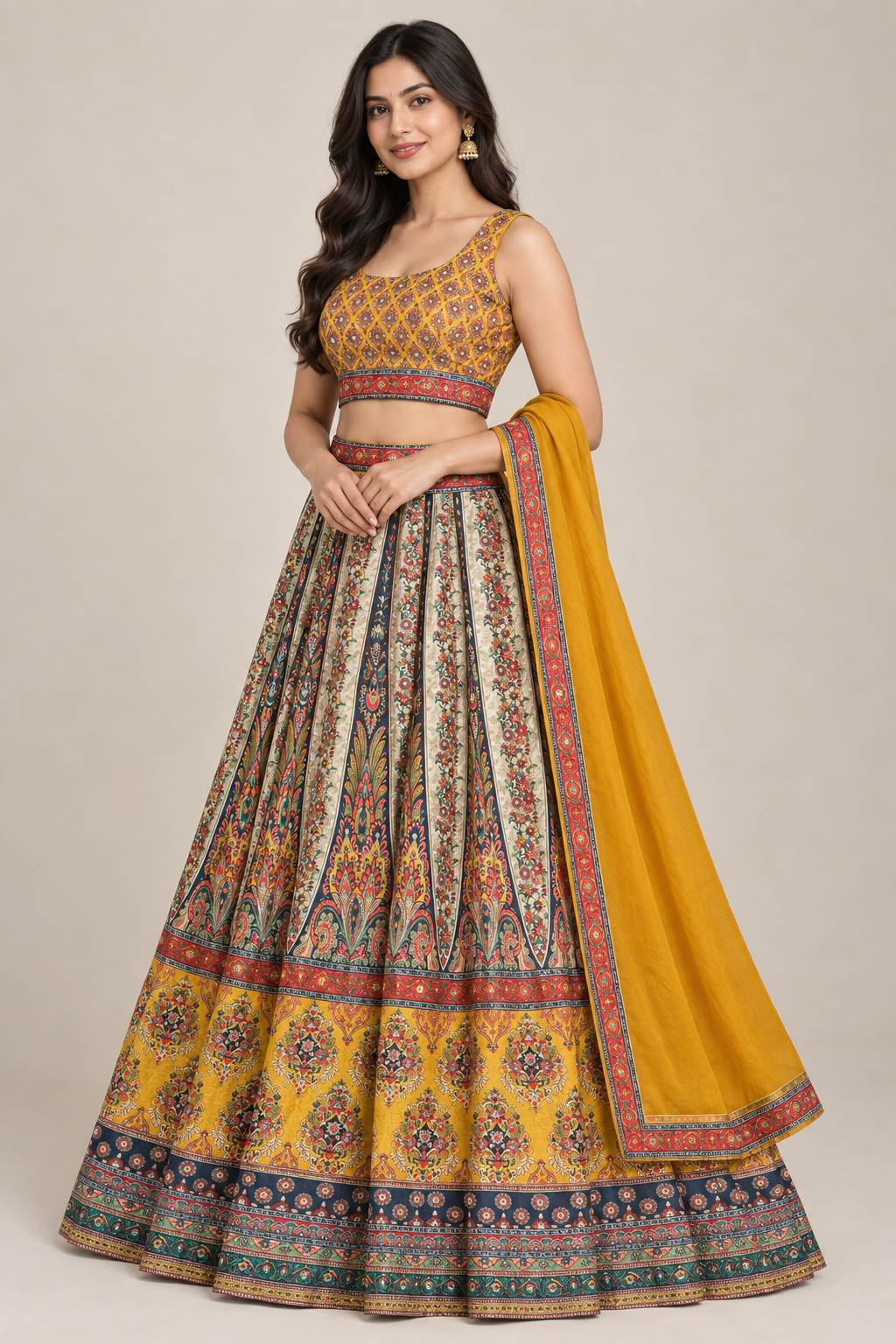 Model wearing a lehenga set with sleeveless blouse and plain bordered dupatta, three-quarter view