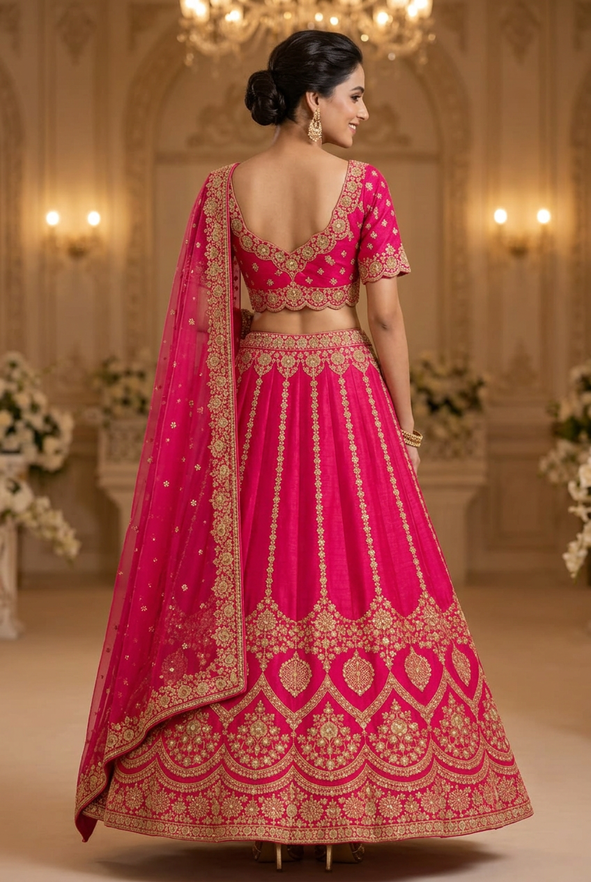 Back view of a fuchsia bridal lehenga showing the deep rounded blouse neckline and ornate skirt borders.