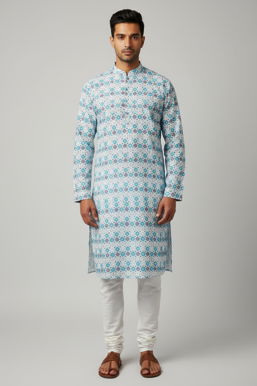 Male model wearing teal geometric print kurta set with kolhapuri sandals - front pose