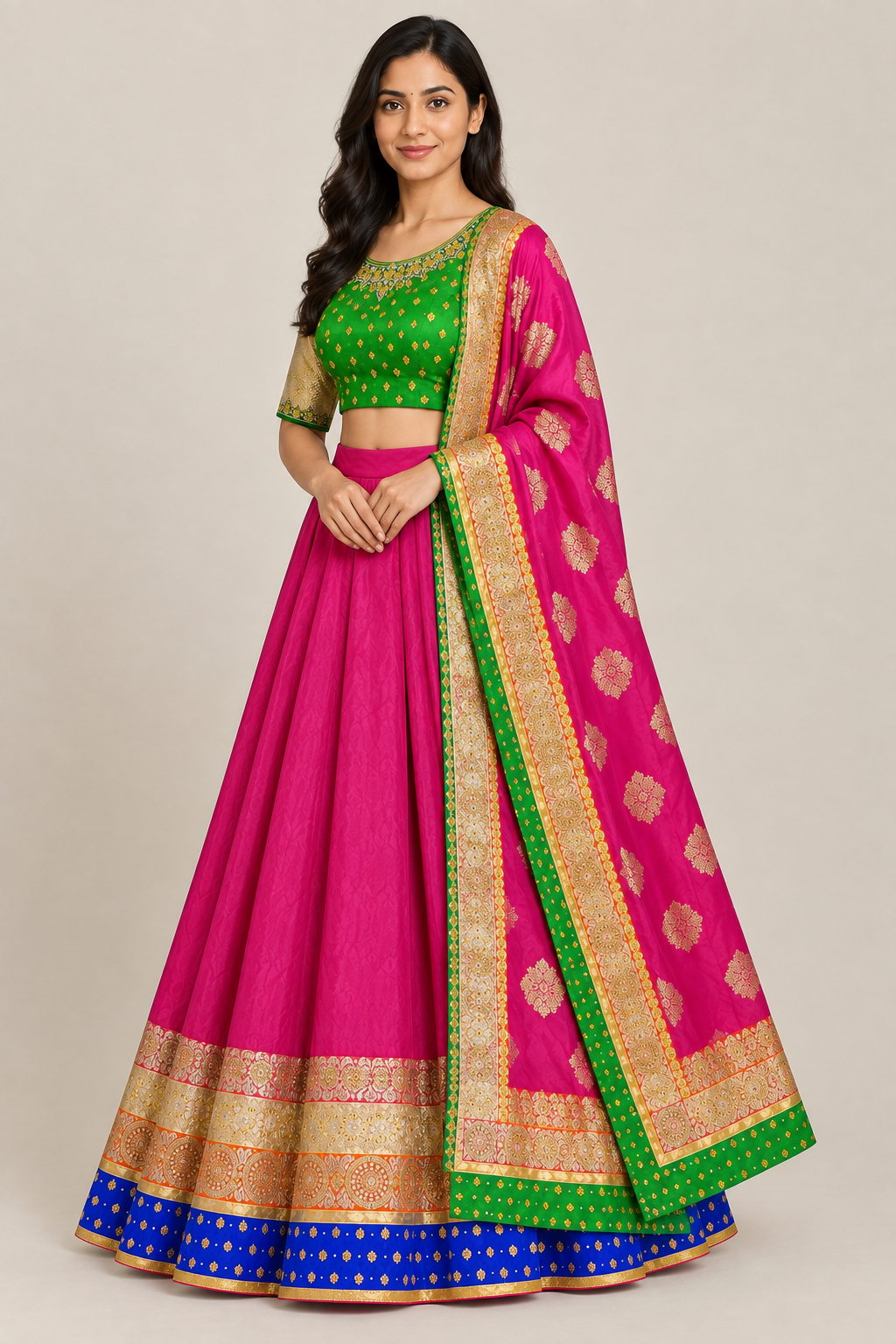 Three-quarter model view of magenta lehenga and green blouse with gold sleeve panels