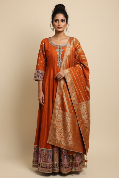 Embellished Orange Anarkali Set