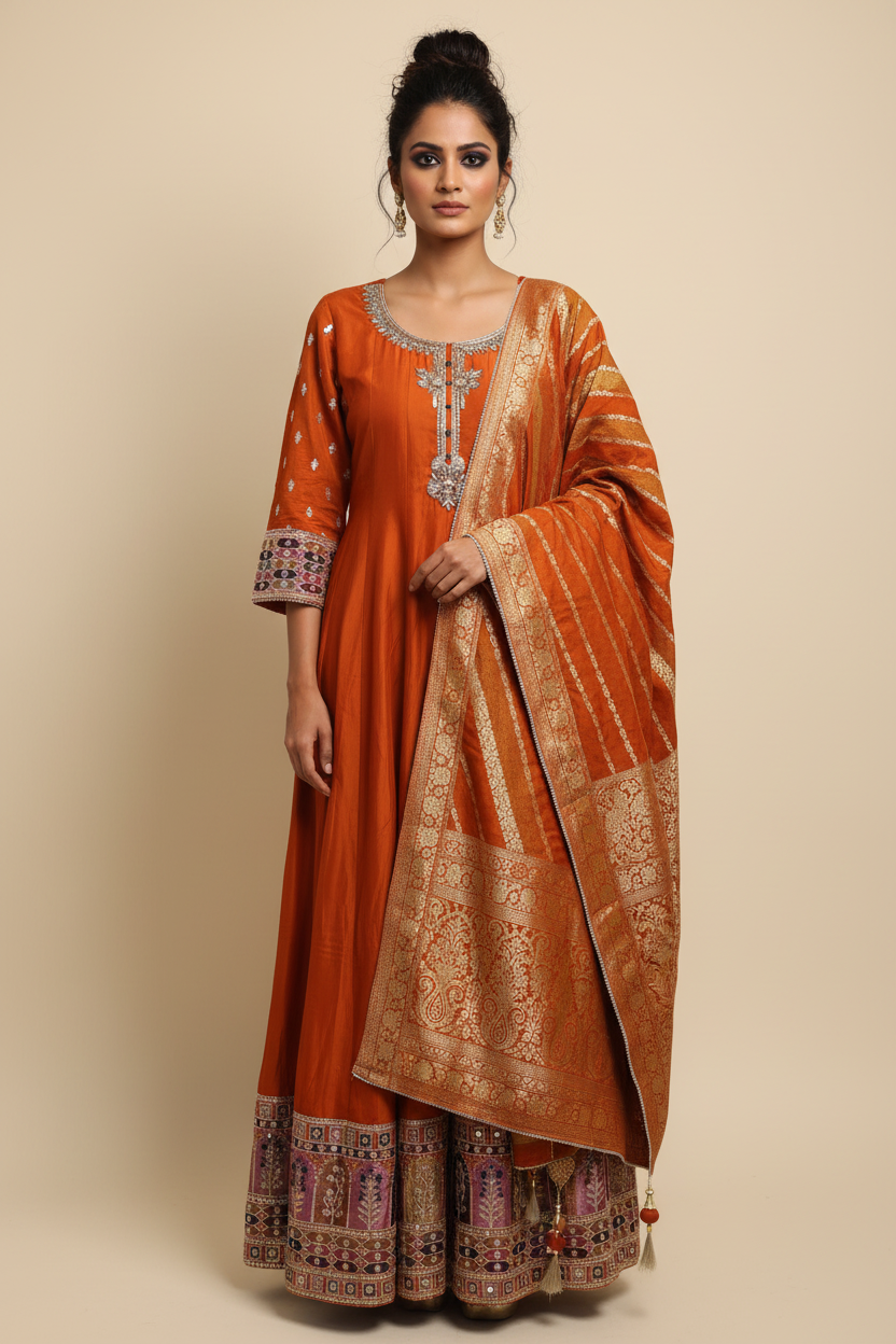Embellished Orange Anarkali Set