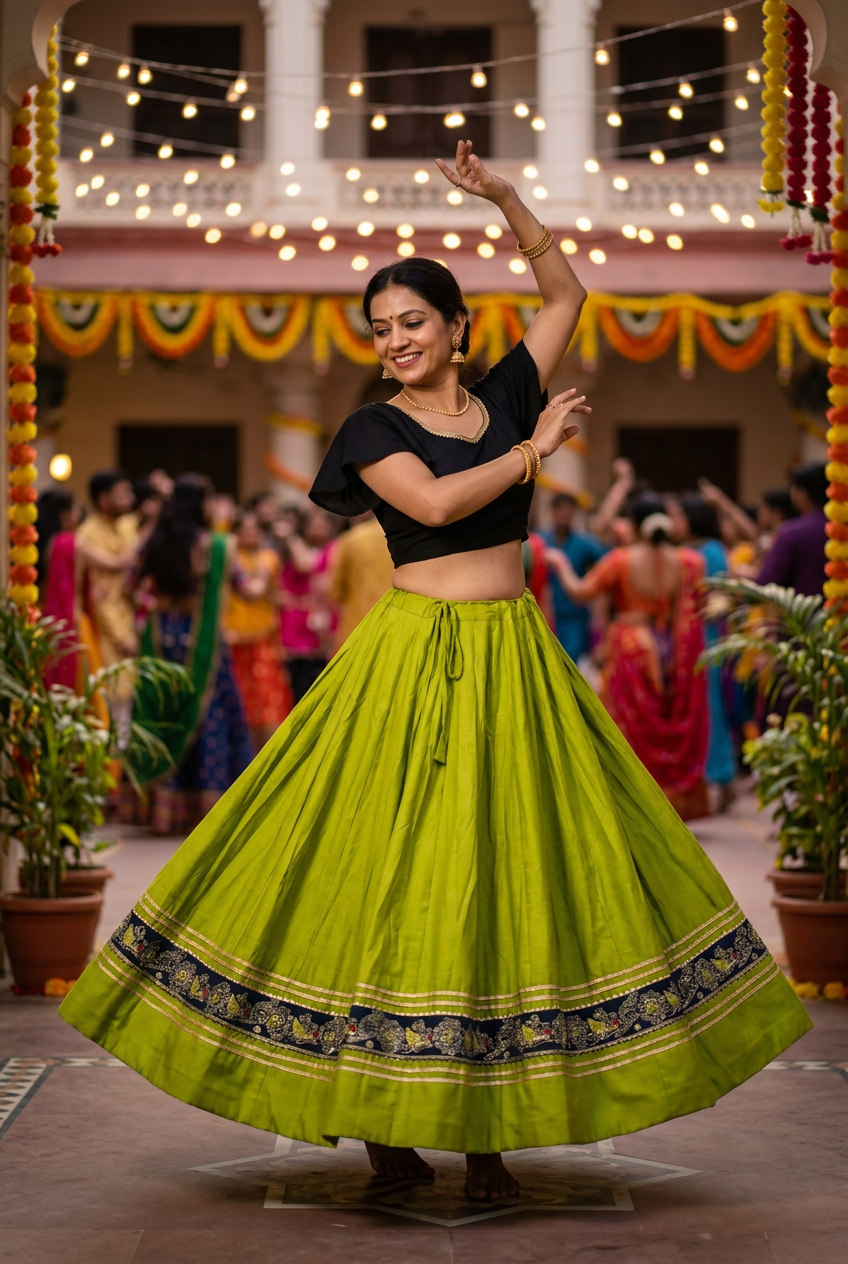 Model wearing green skirt at a Garba festival; blouse is styling inspiration only and is not included or offered for purchase