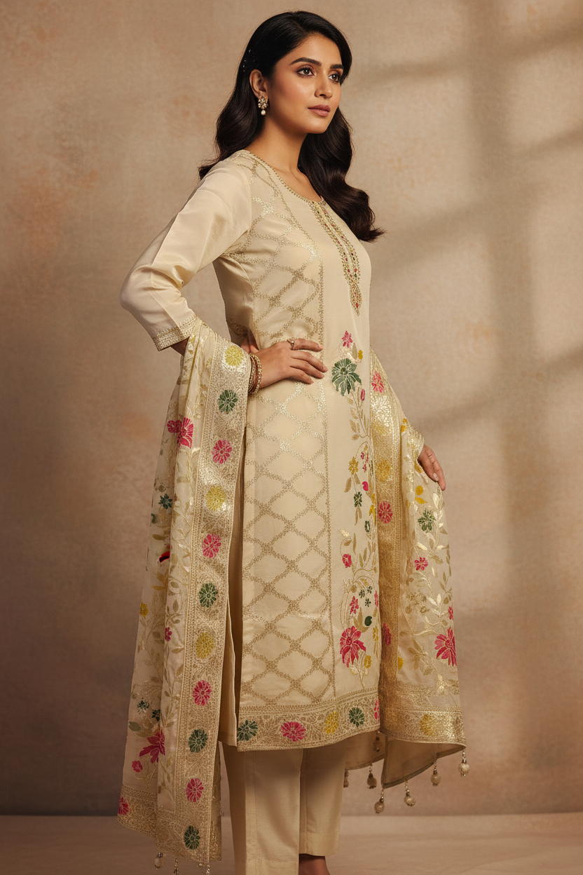 Ivory Floral Embroidered Set
