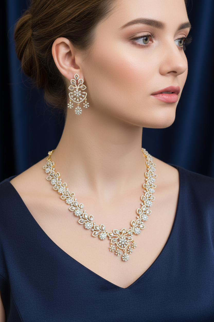 Model wearing the Trisha Necklace Set, a gold-tone floral crystal necklace and chandelier earrings against a dark blue backdrop