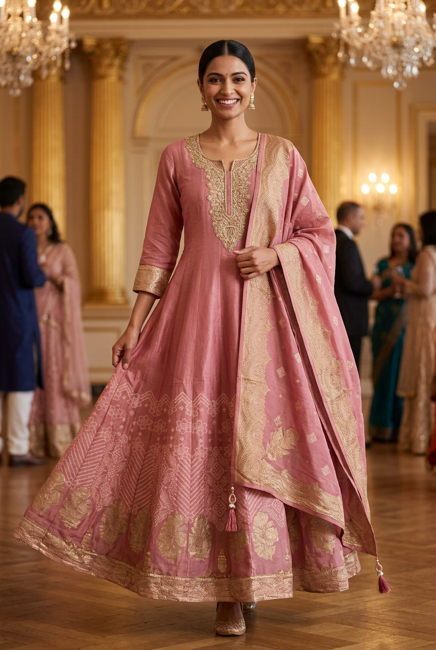 Smiling model walking in a dusty rose Anarkali with gold detailing and matching dupatta