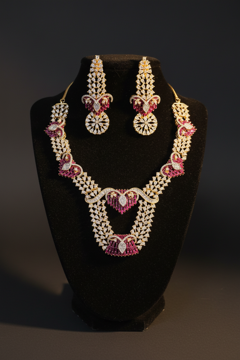 Gold-tone Shreya necklace set with pink ruby-colored stones and matching chandelier earrings on a black velvet bust