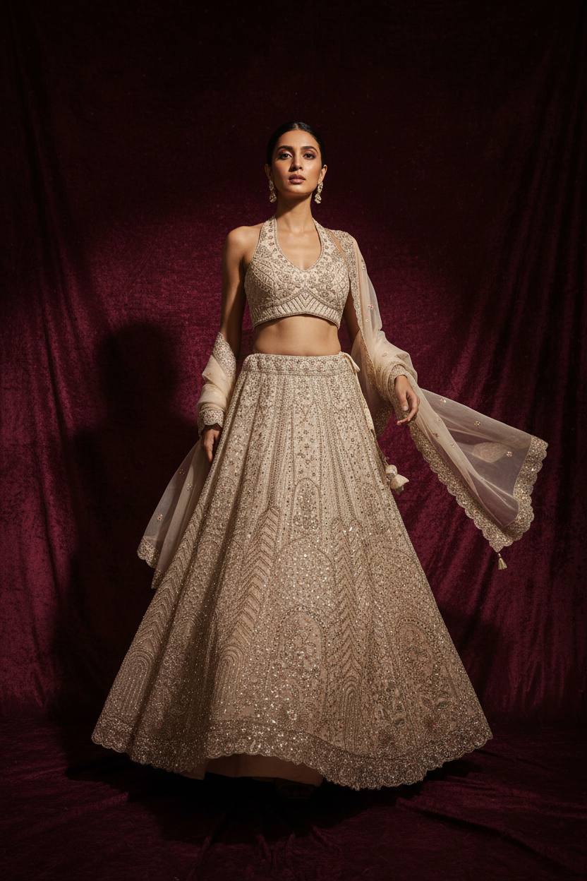 Ivory sequin bridal lehenga – dynamic walk pose, dark maroon background