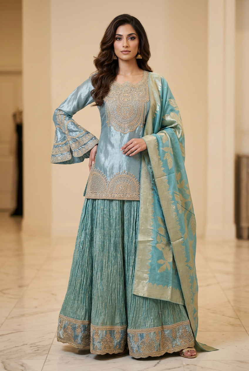 Front view of teal and icy-blue lehenga with gold-toned detailing and aqua dupatta
