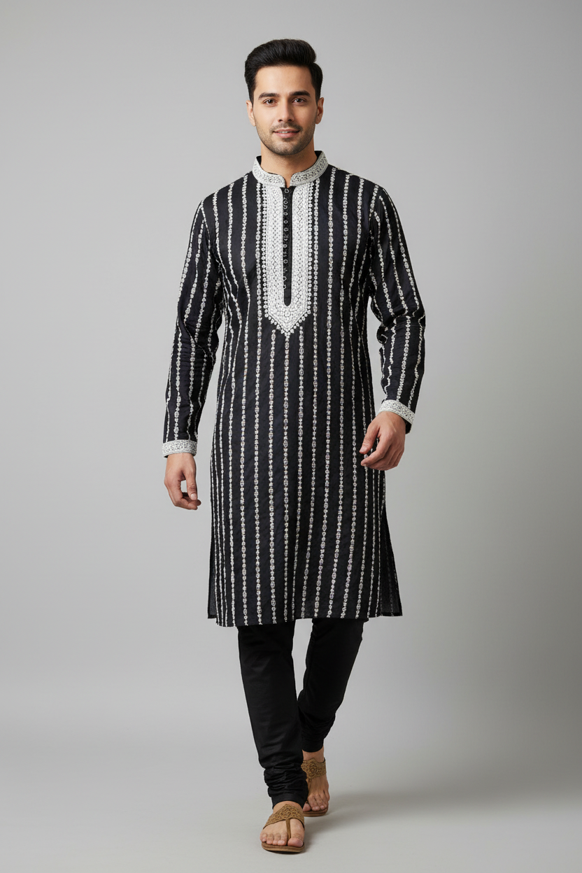 Male model wearing black embroidered kurta set - walking pose