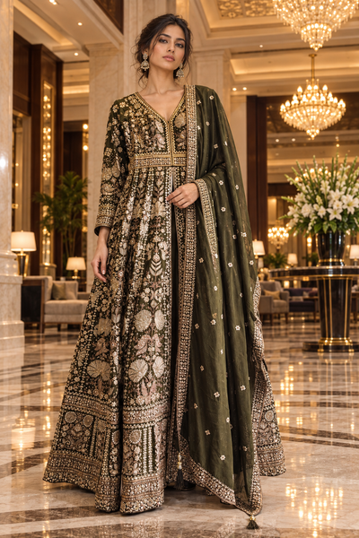 Olive Gold Embroidered Anarkali