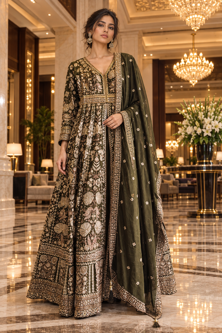 Olive Gold Embroidered Anarkali