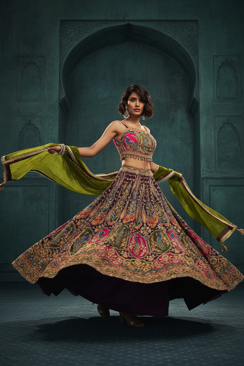 Purple Peacock Embroidered Lehenga