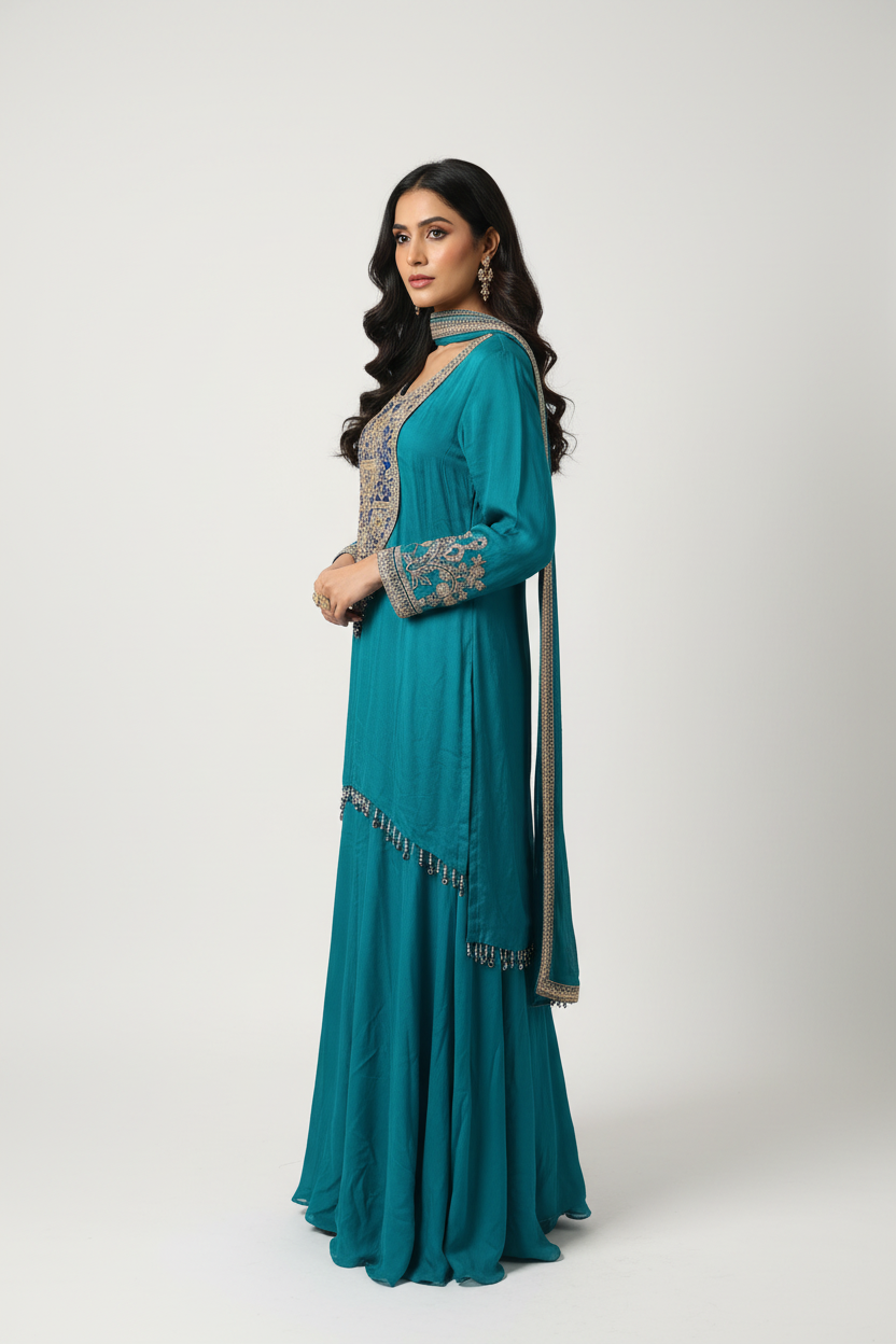 Teal Sharara Set with Choker Dupatta