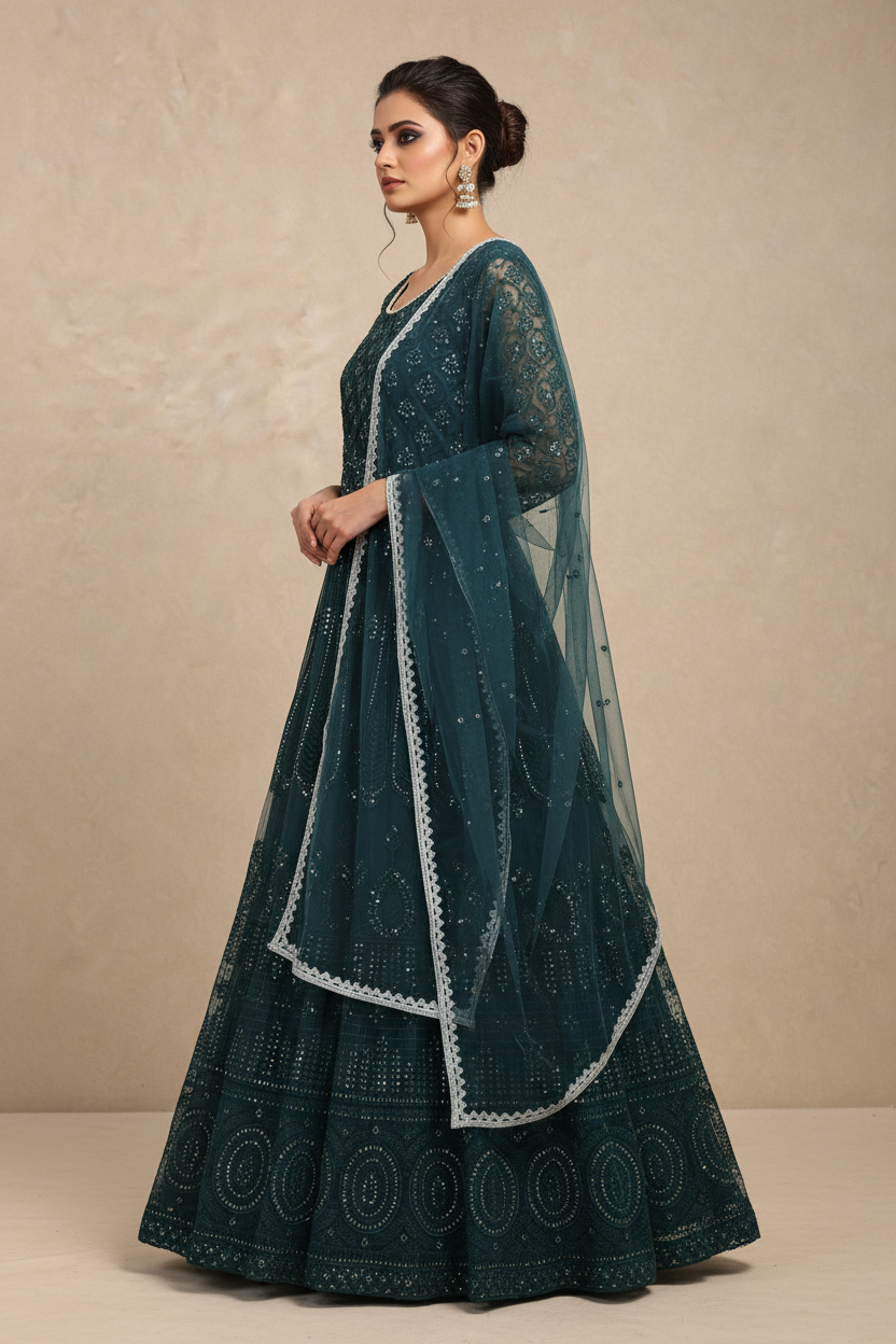 Model wearing dark teal anarkali set - side profile