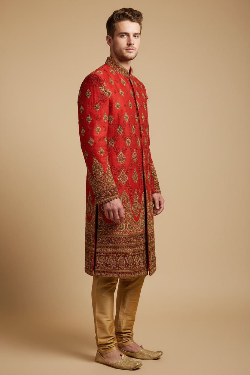 Male model in a red kurta with gold motifs, ornate collar, patterned cuffs and hem, coordinating gold trousers, and tan-gold jutti footwear, side profile view