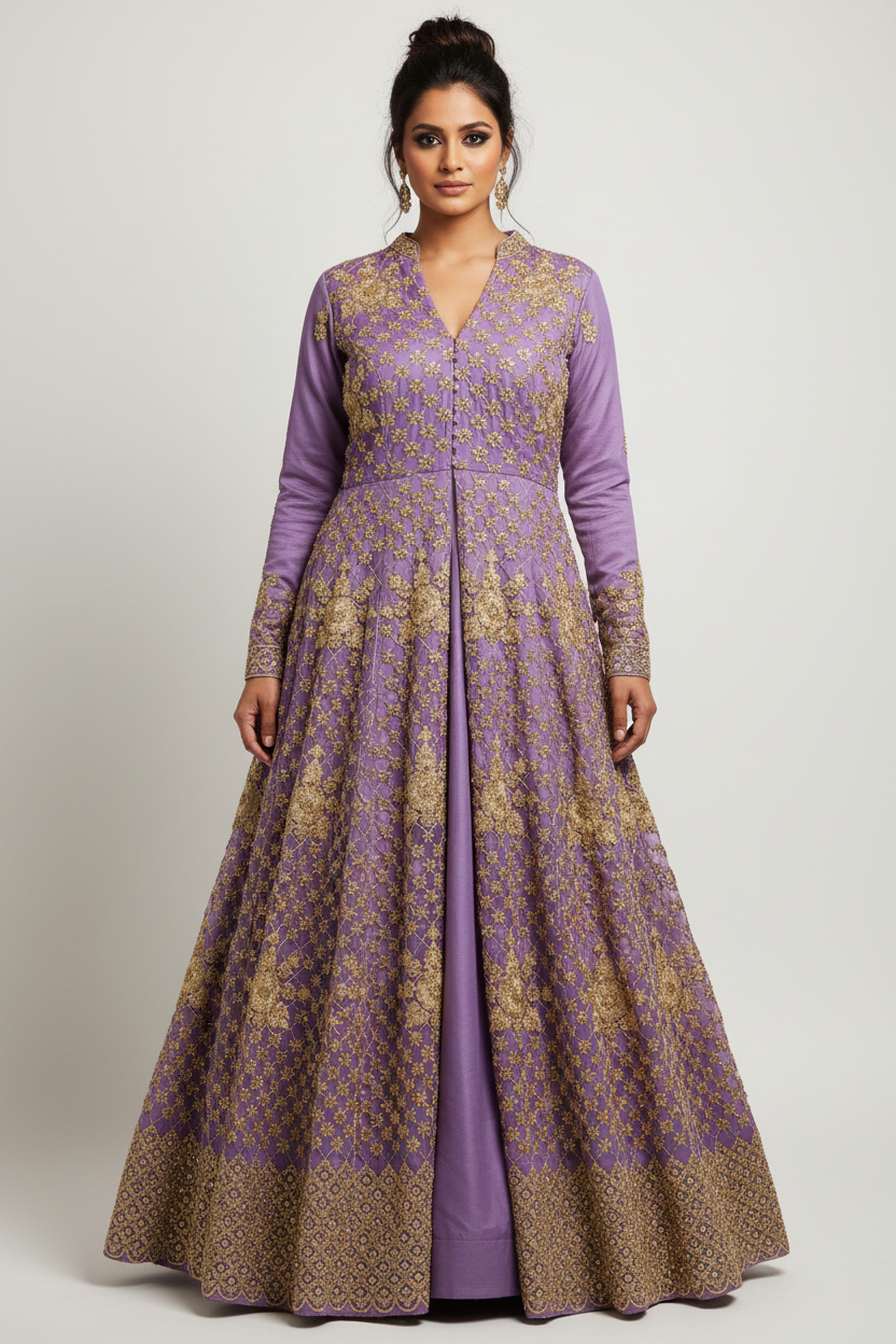 Model in front pose wearing lavender gold embroidered anarkali