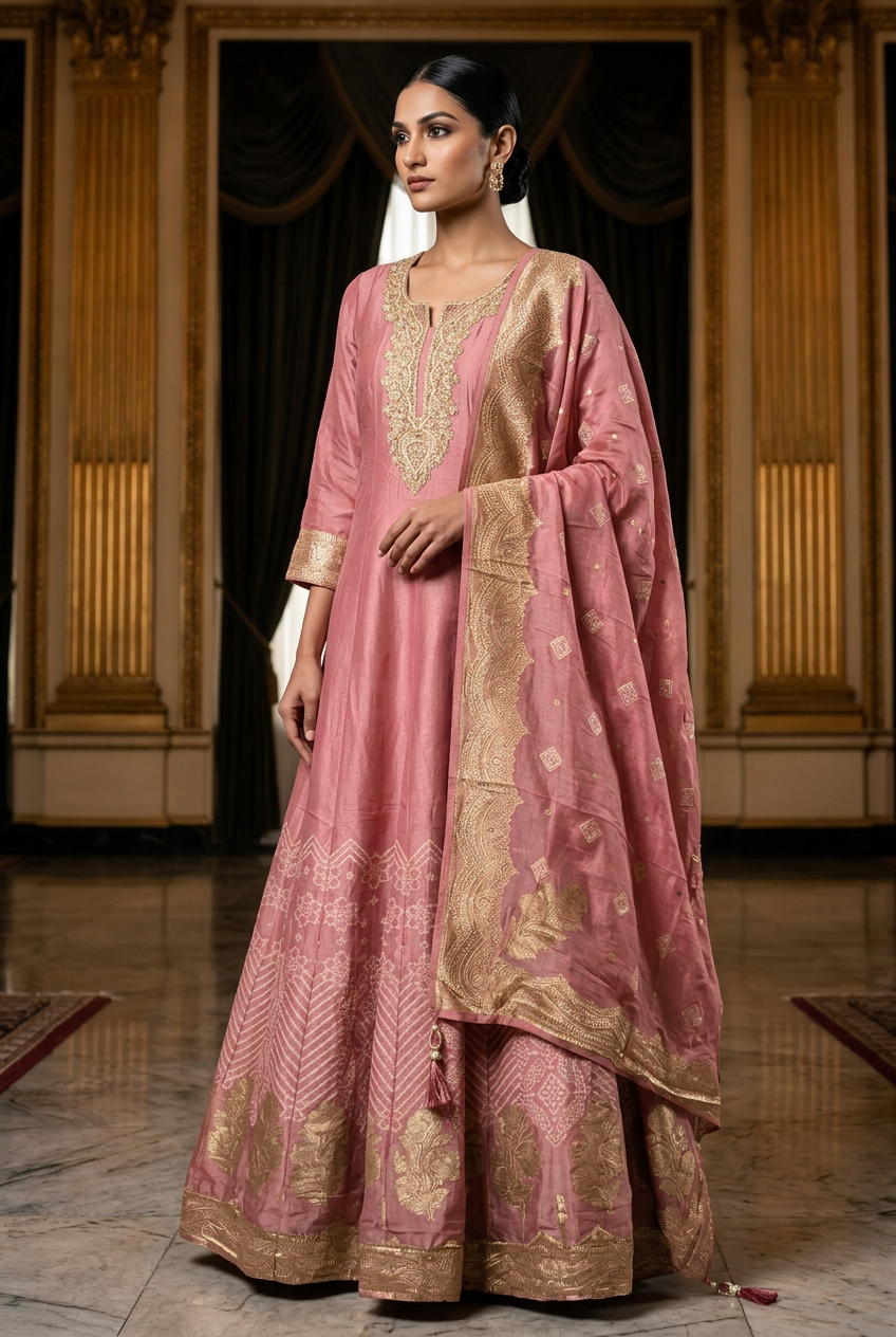 Three-quarter view of dusty rose Anarkali with patterned hem and bordered dupatta