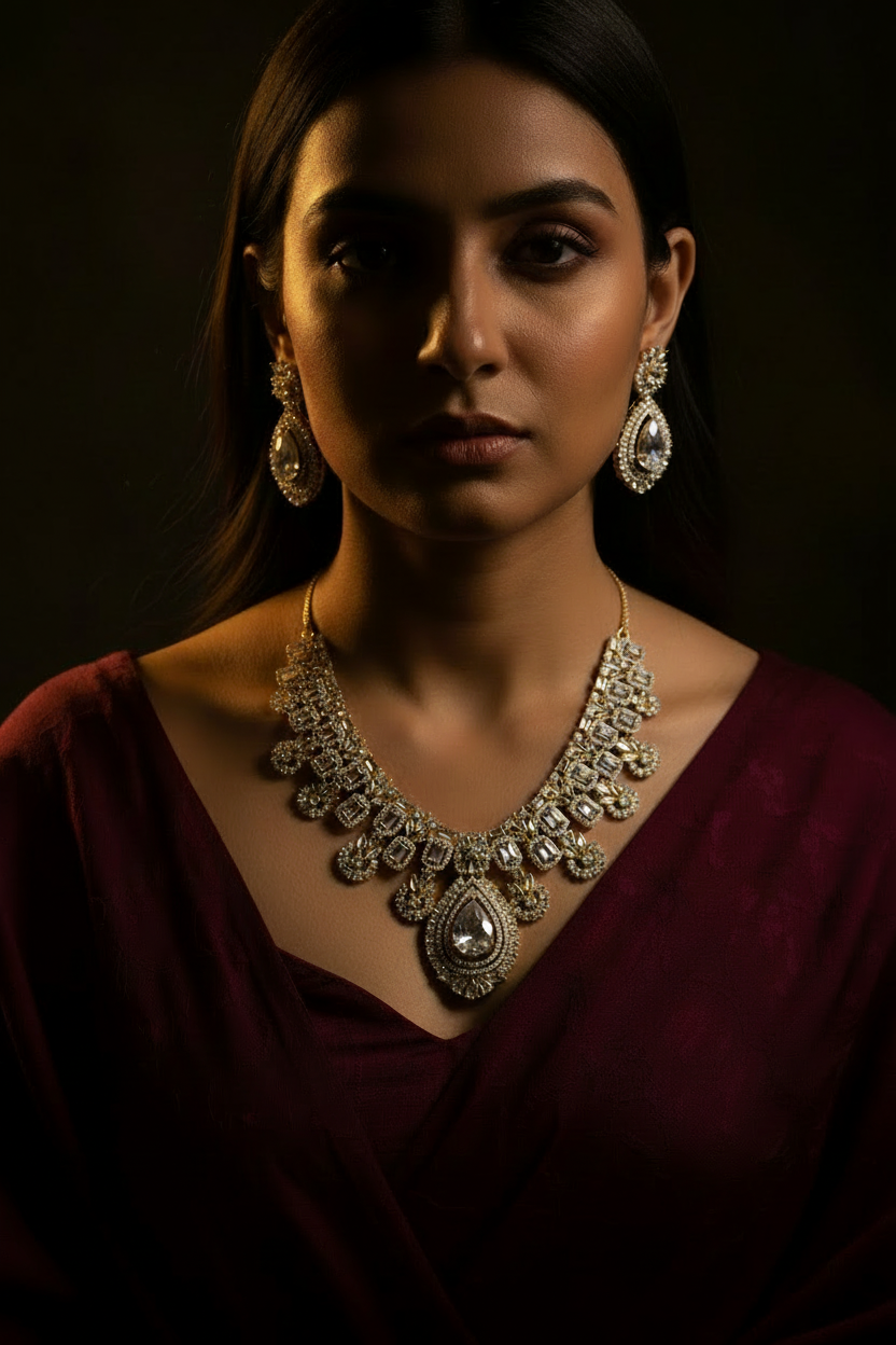 Model wearing the gold-tone Jennifer necklace set with matching teardrop earrings