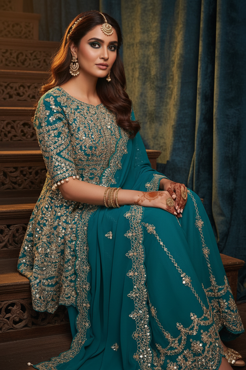 Teal Zari Sharara Set