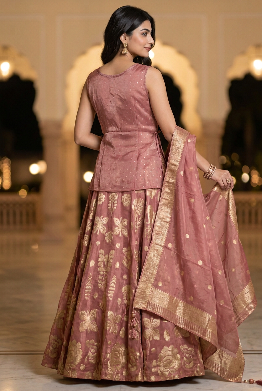 Back view of pink organza tissue blouse finishing just above the hips with gold-patterned lehenga skirt.