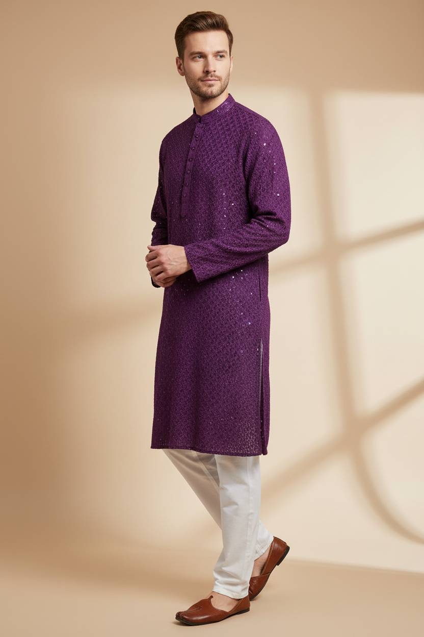 Purple Sequin Chikankari Kurta