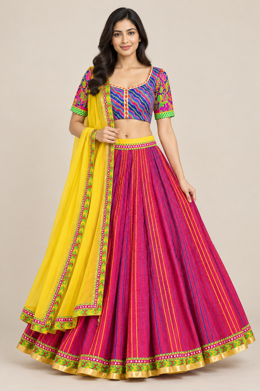 Model in front view wearing magenta striped lehenga and multicolored choli