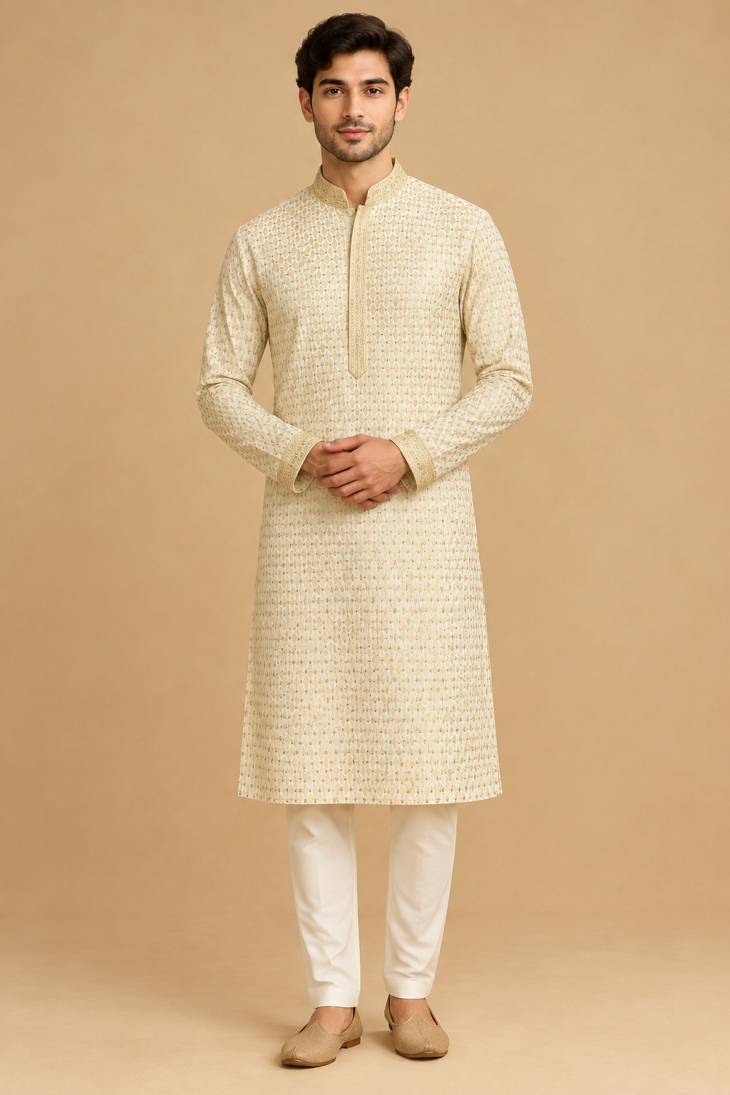Front view of model in ivory gold-patterned kurta with off-white trousers and tan slip-on shoes
