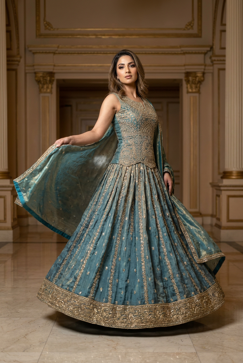 Grey Gold Corset Lehenga