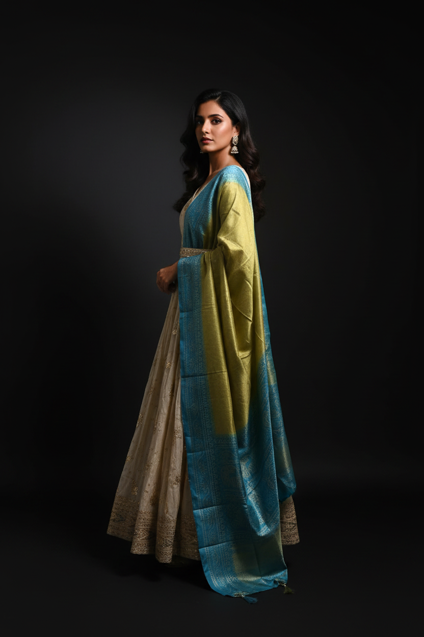 Ivory & Gold Zardozi Anarkali with Bandhani Dupatta