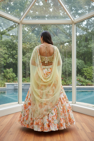 Ivory Orange Floral Lehenga