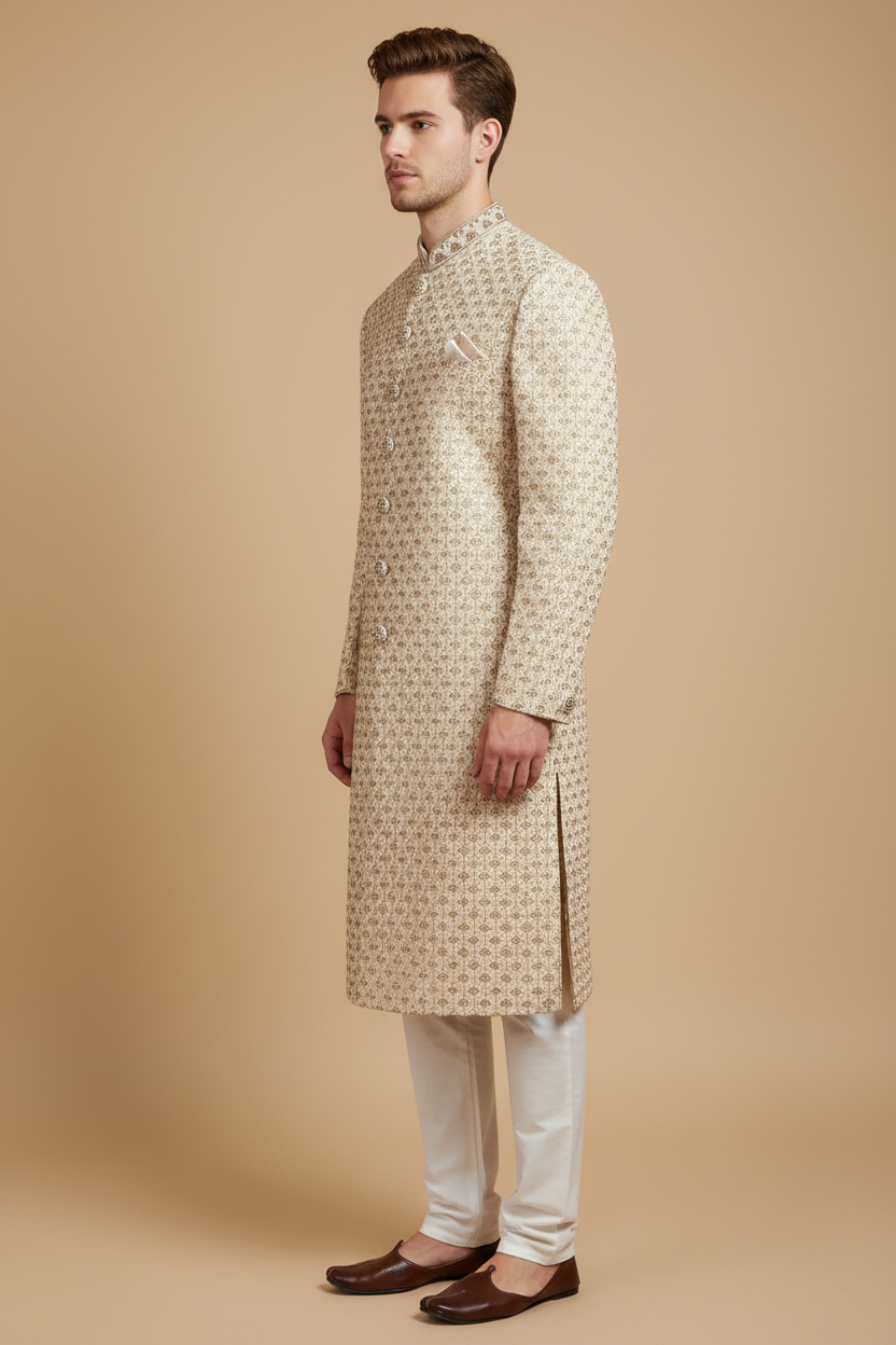 Male model wearing an ivory zardosi sherwani with matching trousers, side profile