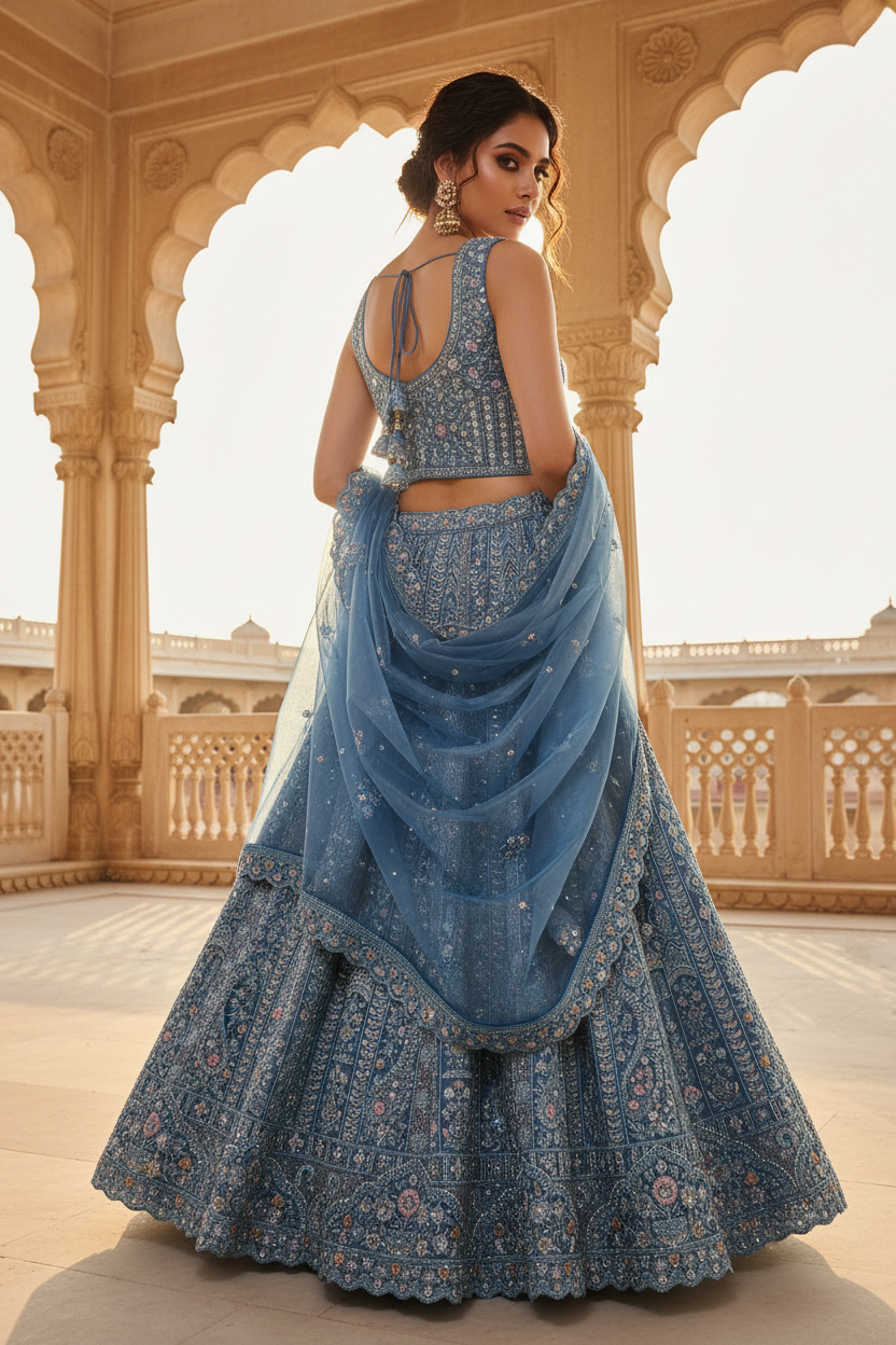 Azure Bloom Bridal Lehenga Set - Back Pose