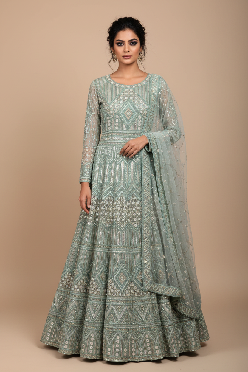 Sea foam anarkali - front pose with dupatta