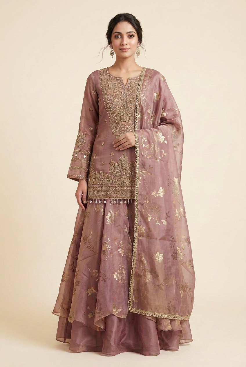 Front view of mauve layered lehenga with long embellished blouse, matching floral dupatta and styling earrings