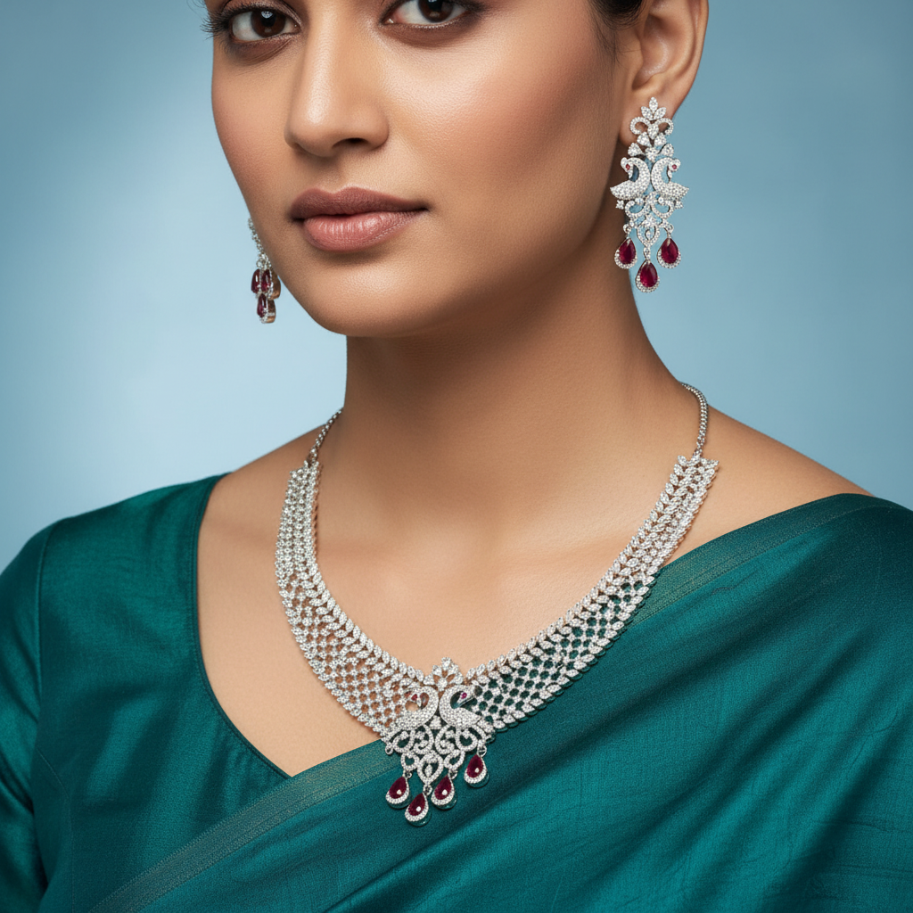 Dhivya silver-tone necklace set with peacock-motif pendant and ruby-red teardrop drops worn with matching drop earrings against a light blue backdrop