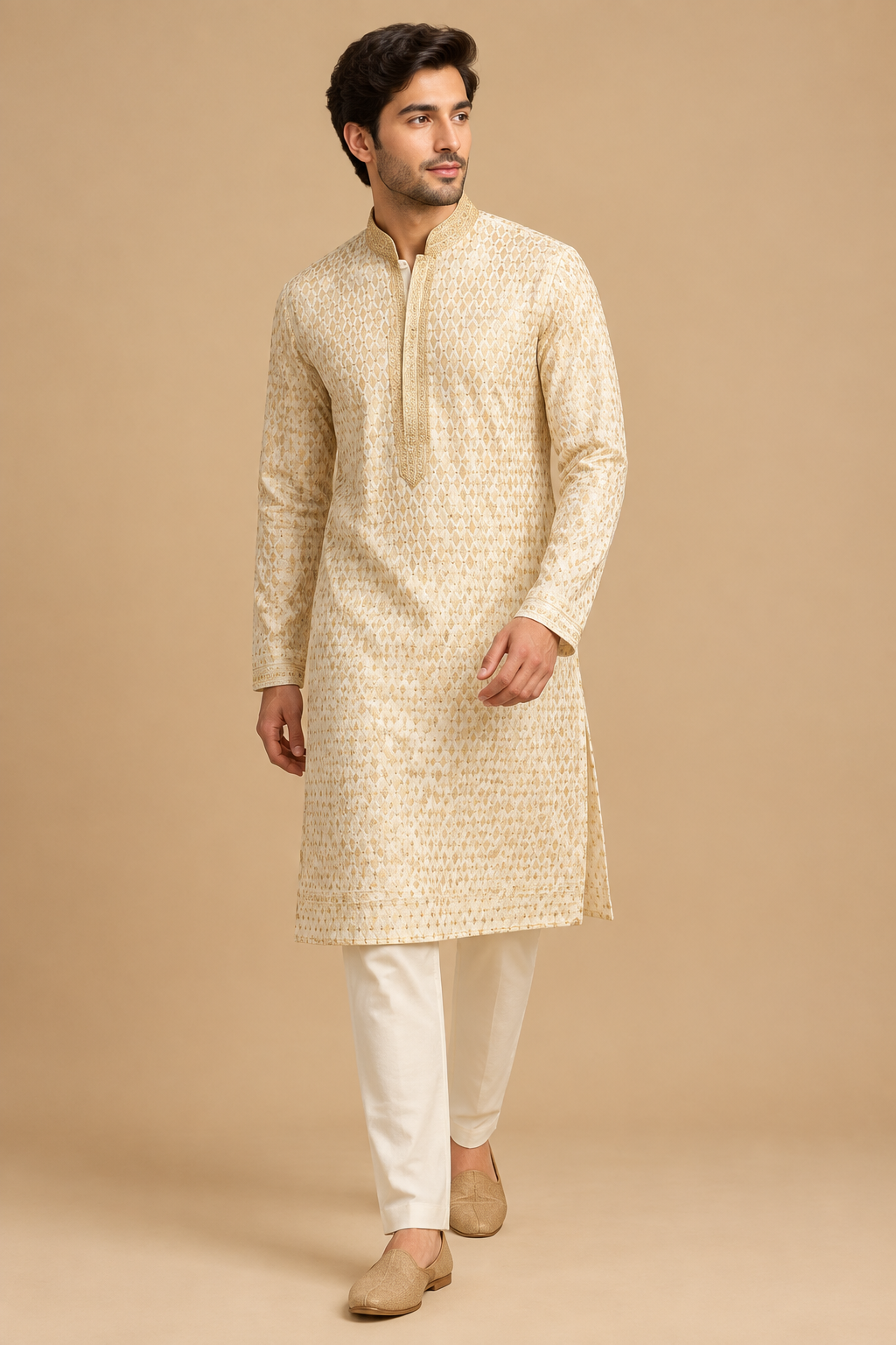 Three-quarter view of model wearing ivory patterned kurta with trousers and tan slip-on shoes