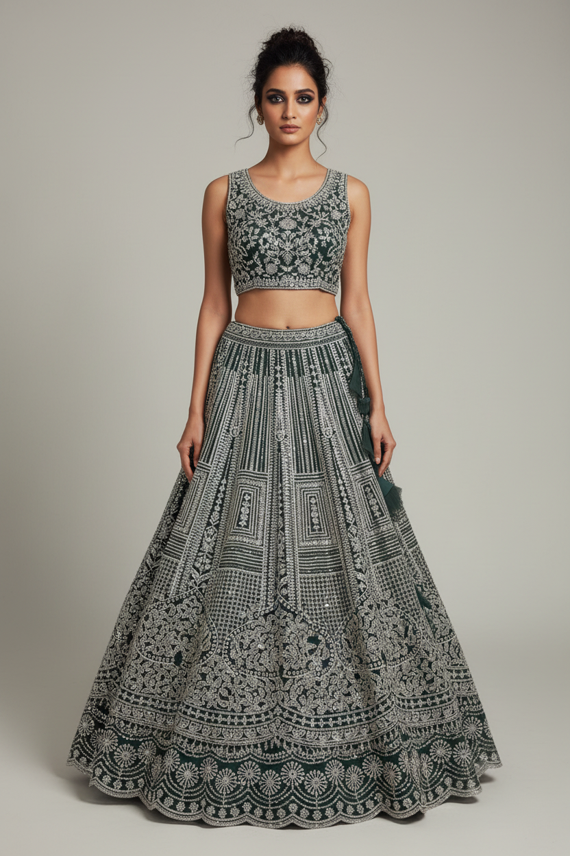 Emerald Lehenga with Silver Embroidery