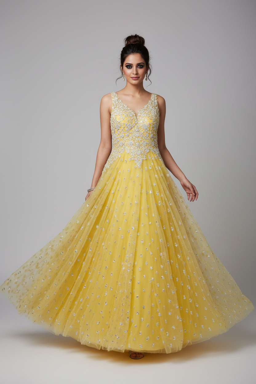 Yellow mirrorwork sleeveless gown - walking pose