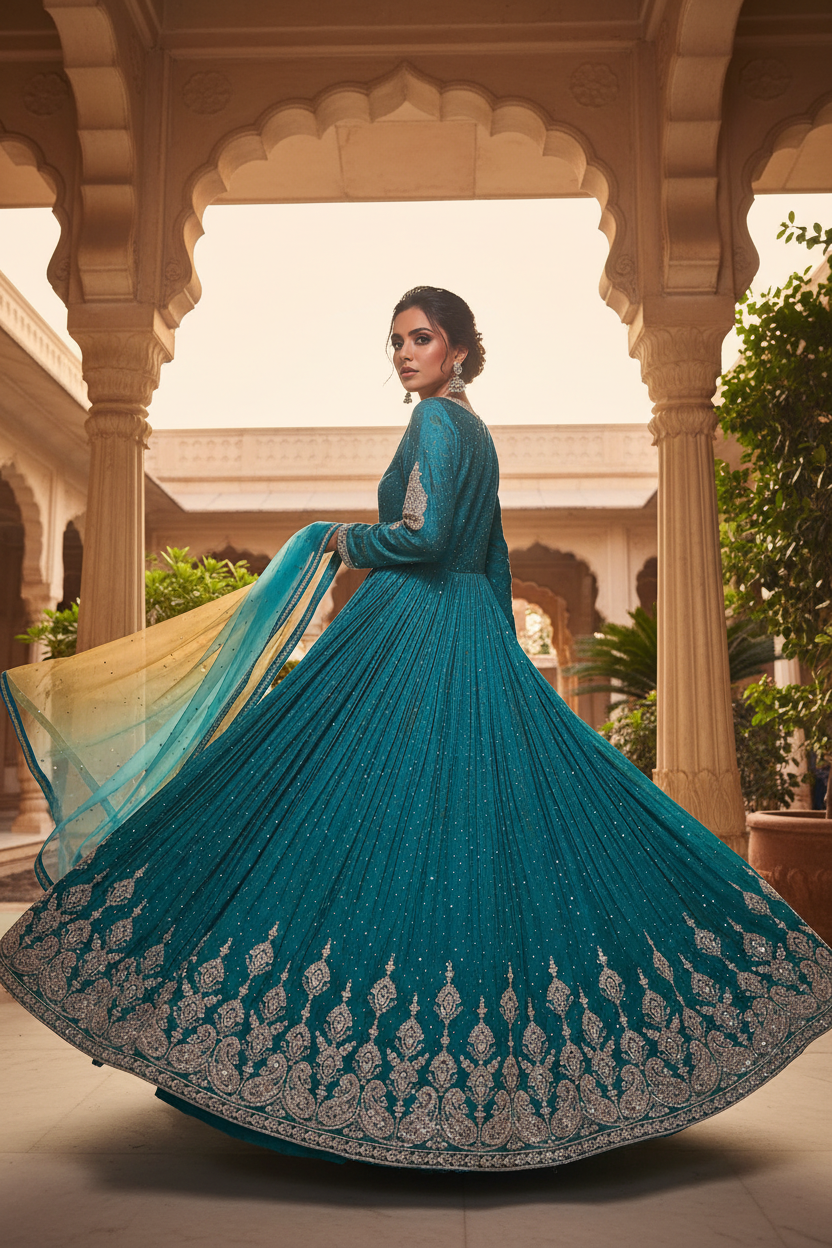 Teal Silver Anarkali Gown Set