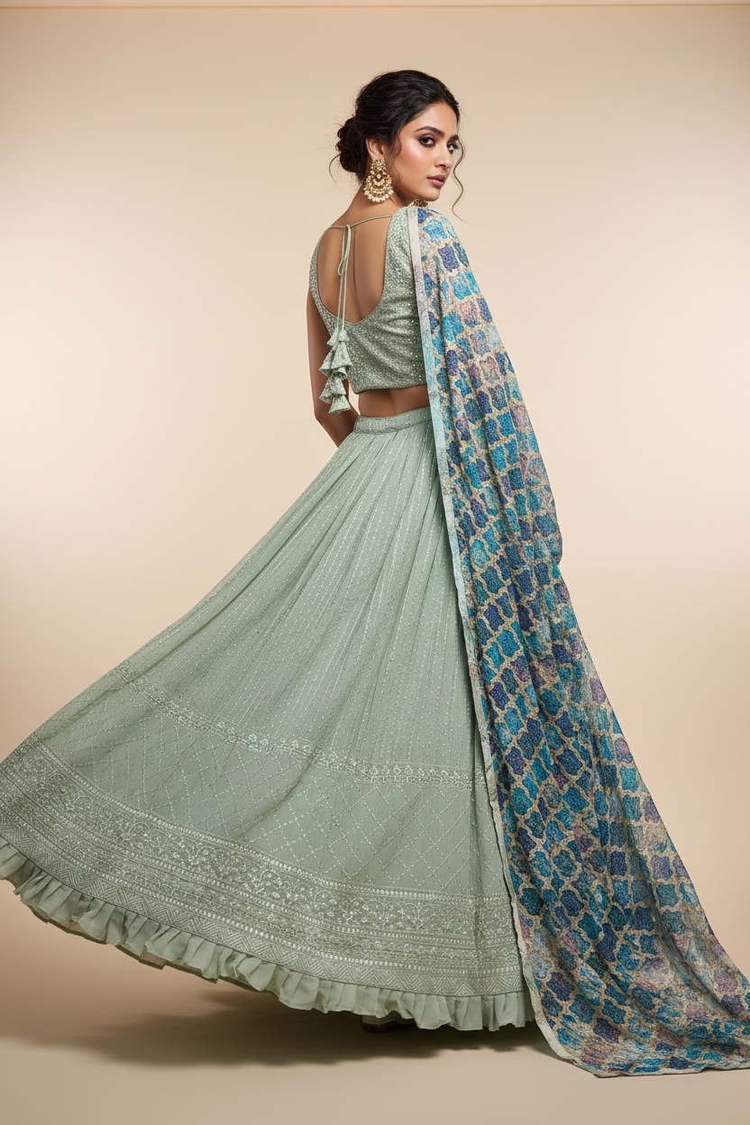 Mint Lucknowi Chikankari Lehenga Set