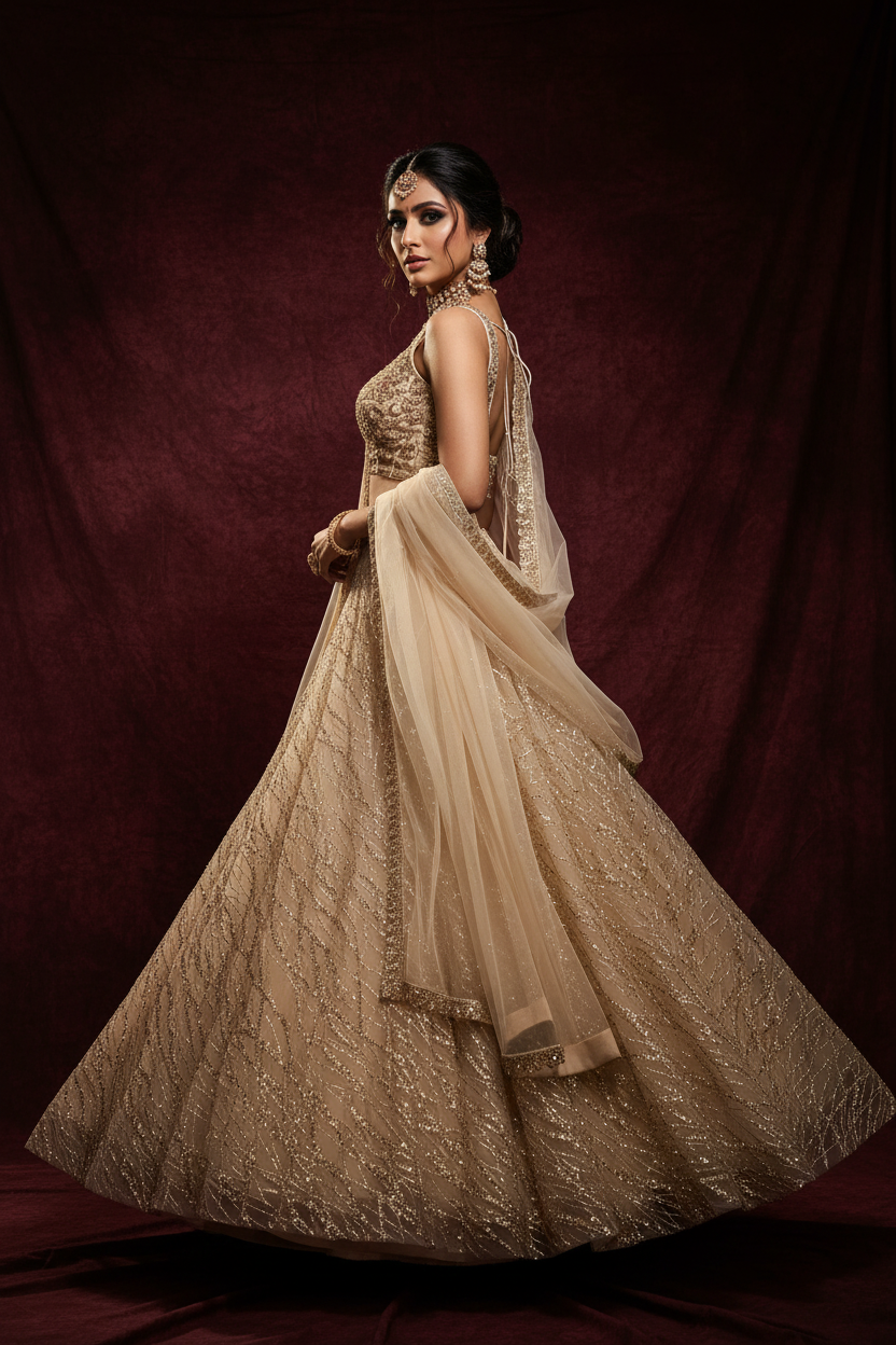 Ivory gold bridal lehenga - three-quarter back turn pose