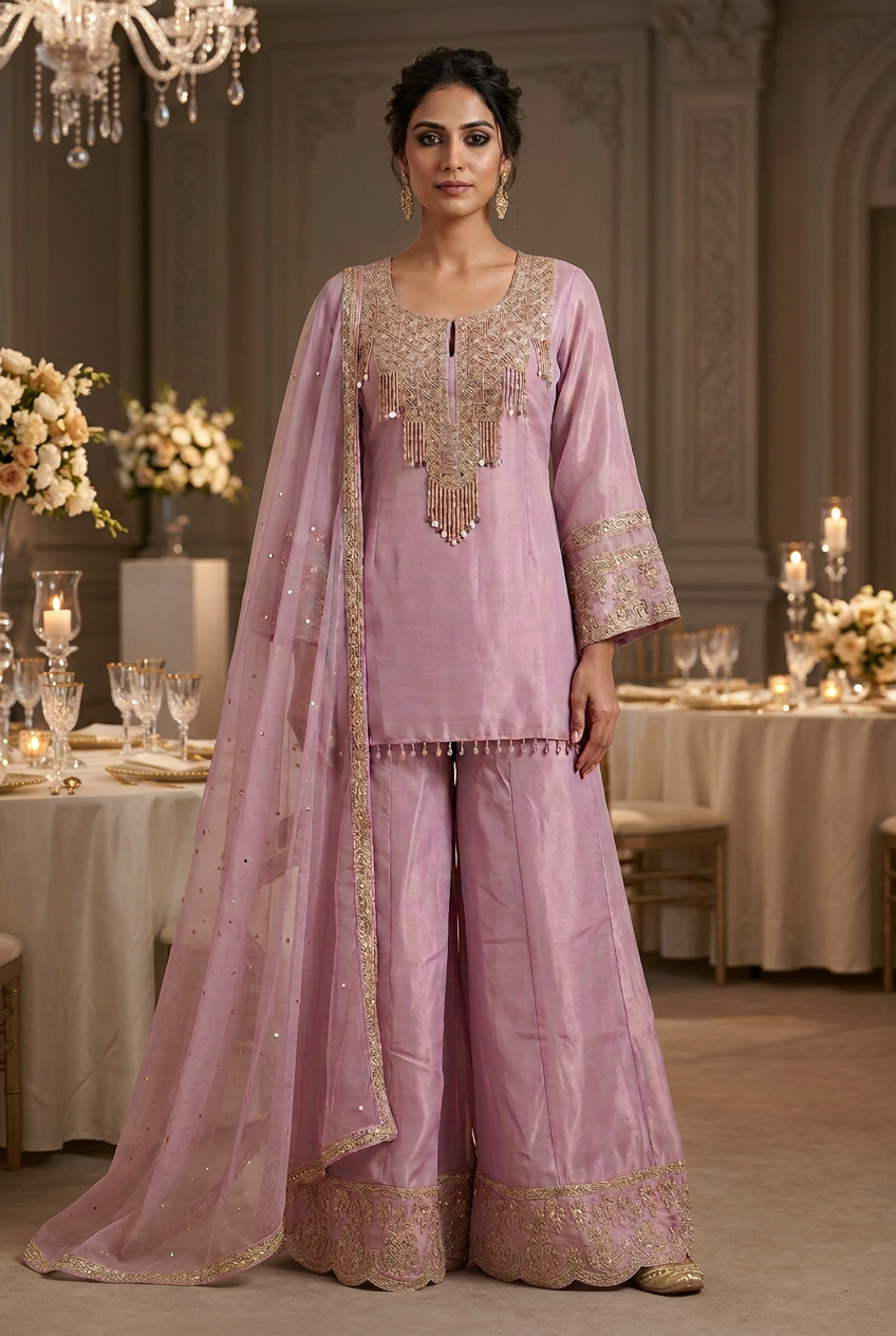 Front view of lilac gold sharara set with sheer dupatta at an elegant evening reception