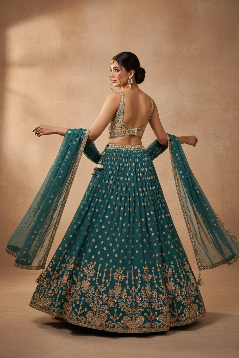 Teal Gold Embroidered Lehenga