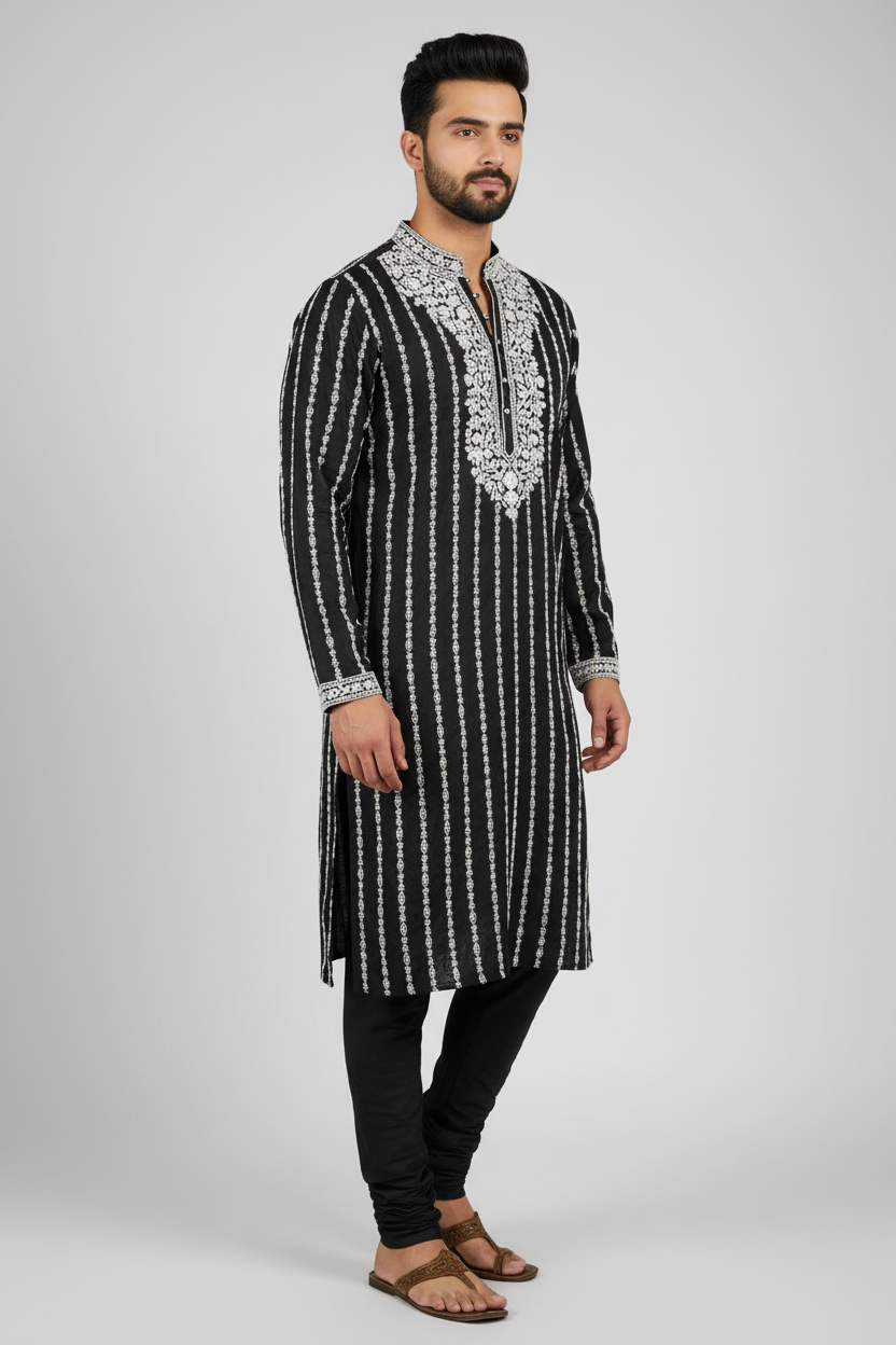Male model wearing black embroidered kurta set - side profile