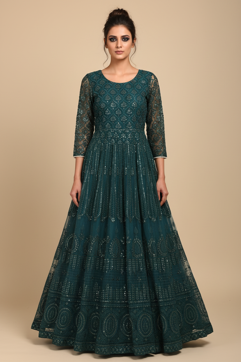 Model wearing dark teal anarkali without dupatta - front pose