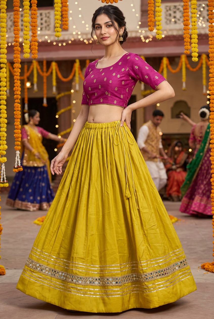 Elegant reference-inspired model wearing yellow mirror-work Garba skirt with adjustable drawstring waist. Pictured blouse is styling inspiration only and not included or offered for purchase.