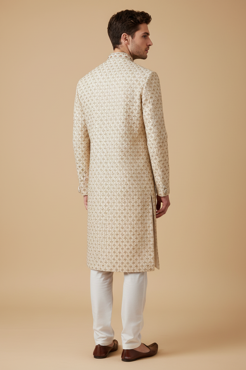Male model wearing an ivory zardosi sherwani with matching trousers, rear three-quarter view