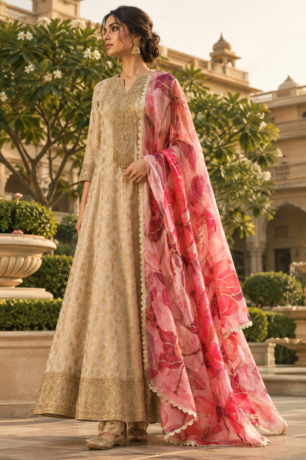 Beige brocade anarkali set, side view