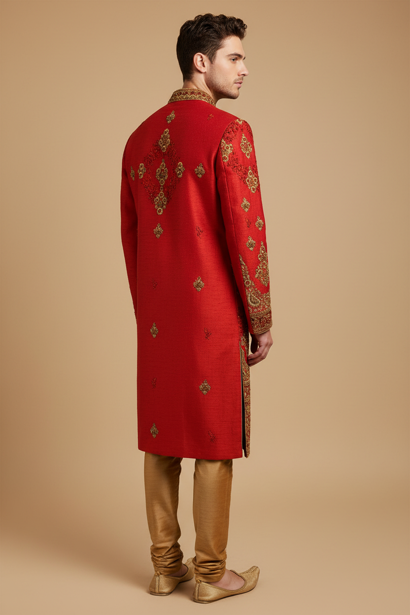 Male model in the red kurta with scattered gold motifs, a central back motif, ornate gold-patterned collar and cuffs, coordinating gold trousers, and tan-gold jutti footwear, back three-quarter view